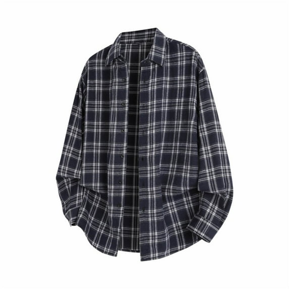 MELDVDIB Mens Classic Plaid Shirt Button-Up Vintage Fall Long Sleeve Loose Work Shirt Light Weight Comfy Jackets Shirt with Pocket Navy 3XL