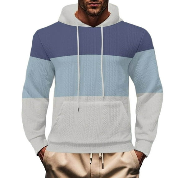 MELDVDIB Mens Color Block Hoodies Jacquard Knit Long Sleeve Pullover Hooded Sweatshirt Tops with Front Pocket for Daily Wear Casual Outings