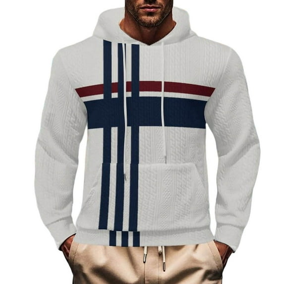 MELDVDIB Mens Color Block Hoodies Jacquard Knit Long Sleeve Pullover Hooded Sweatshirt Tops with Front Pocket for Daily Wear Casual Outings