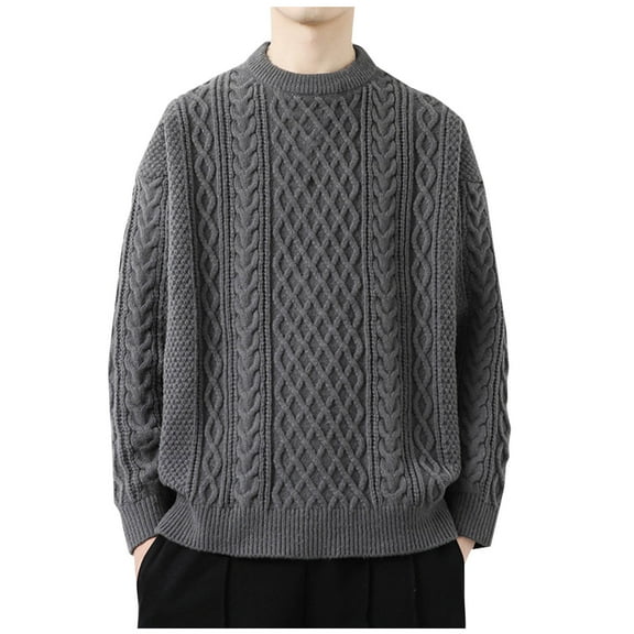 MELDVDIB Mens Crewneck Jacquard Sweater Knit Fashion Causal Loose Pullover Tops Fall Winter Long Sleeve Stretch Comfy Lounge Outfit Gray L