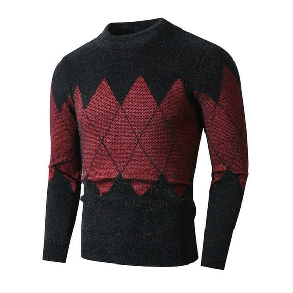 MELDVDIB Mens Crewneck Sweater Fashion Color Block Slim Pullover Tops Fall Winter Long Sleeve Stretch Comfy Lounge Outfit Wine XL