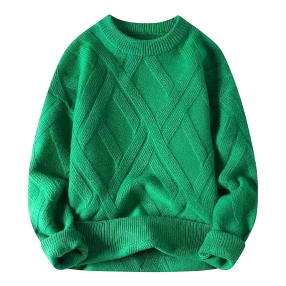 MELDVDIB Mens Crewneck Sweater Knit Jacquard Oversized Pullover Tops Fall Winter Long Sleeve Solid Color Lounge Outfit Green L