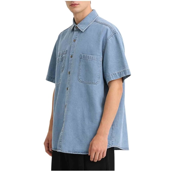 MELDVDIB Mens Denim Shirts Button-Up Turn Down Collar Short Sleeve Summer Tops Fashion Casual Solid Color Loose Shirts with Pocket