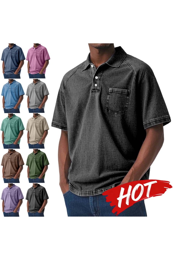 Mens Denim T-Shirts Vintage Half-Button Lapel Short Sleeve Shirts Summer Tops Solid Color Light Weight Pullover Tees with Pocket