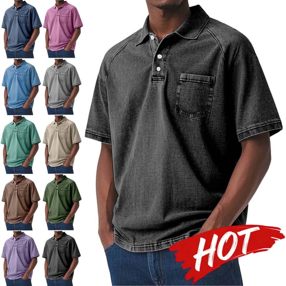 MELDVDIB Mens Denim T-Shirts Vintage Half-Button Lapel Short Sleeve Shirts Summer Tops Solid Color Light Weight Pullover Tees with Pocket