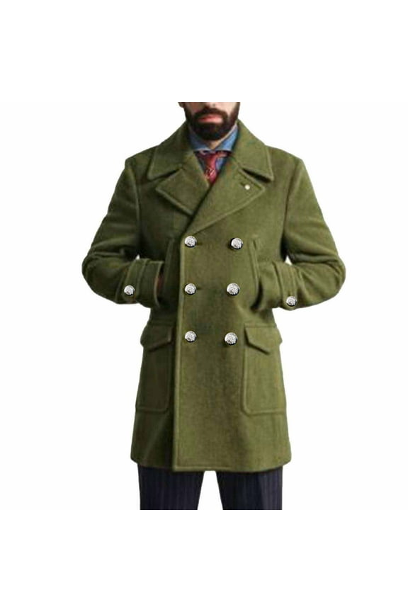 Mens Double Breasted Mid Length Trench Coat Long Sleeve Lapel Collar Pea Coats Winter Warm Wool Overcoat for Men