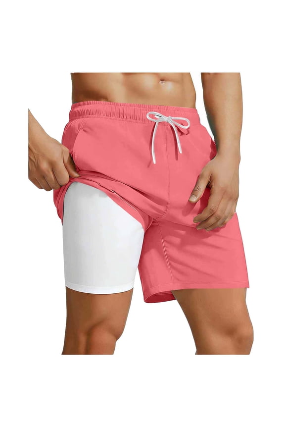 Mens Double Layer Swim Trunks with Tight Liner Fast Dry Stretch Beach Swimsuit Short Solid Color Drawstring Waisted Beach Bathing Suits