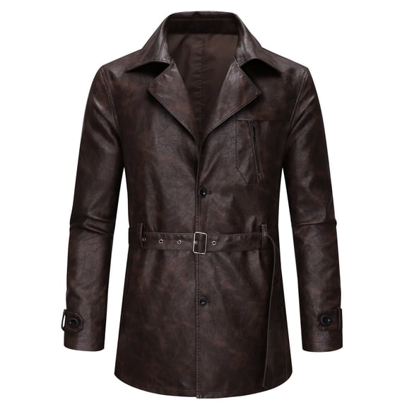MELDVDIB Mens Faux Leather Trench Coat Button-Up Fashion Causal Lapel Mid-Length Jackets Fall Winter Long Sleeve Windbreaker Outwear with Pockets