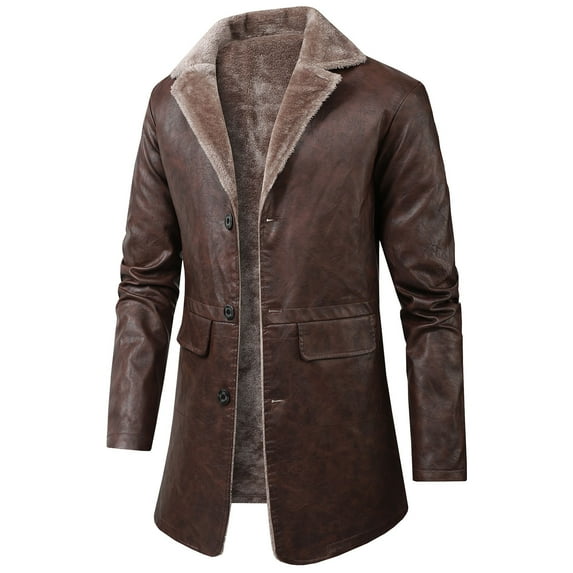 MELDVDIB Mens Faux Leather Trench Coat Button-Up Fleece Lined Lapel Mid-Length Jackets Fall Winter Long Sleeve Windbreaker Outwear with Pockets
