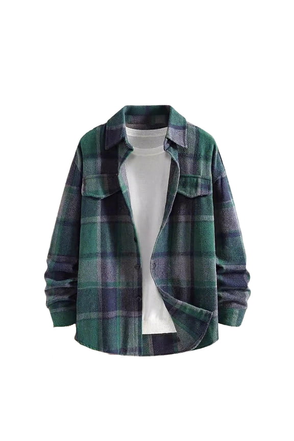 Mens Flannel Plaid Shirts Thickened Fleece Long Sleeve Jacket Fashion Casual Warm Coat Tops with Pockets Army Green XL