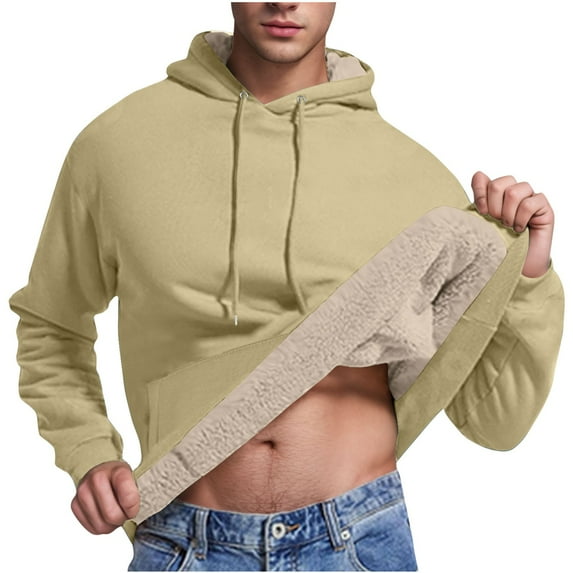 MELDVDIB Mens Fleece Hoodies Fashion Casual Solid Color Oversized Hooded Sweatshirts Fall Winter Long Sleeve Comfy Warm Pullover Tops with Pocket Khaki L