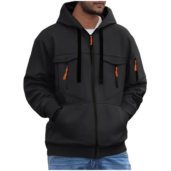 MELDVDIB Mens Full-Zip Hoodies Jacket Multiple Cargo Pockets Hooded Sweatshirt Solid Color Casual Daily Wear and Winter Outdoor Activities