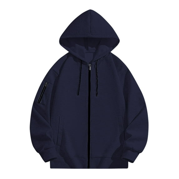MELDVDIB Mens Full-Zip Hoodies Oversized Fleece Jacket with Front Pockets Comfy Casual Solid Color Hooded Sweatshirt Coat for Daily Wear Dark Blue L