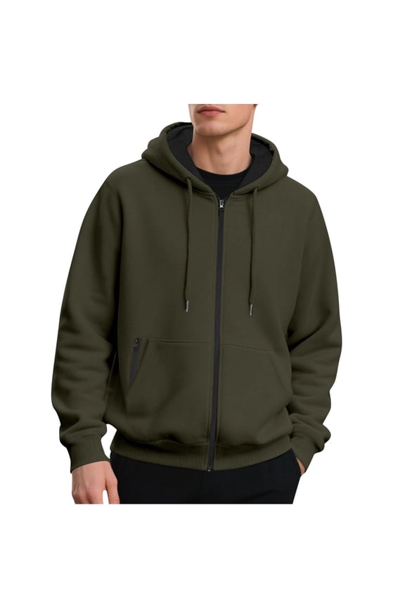 Mens Full-Zip Hoodies with Drawstrings Side Zipper Pockets Lining Fleece Casual Comfy Hooded Sweatshirt Jacket for Daily Wear Army Green S