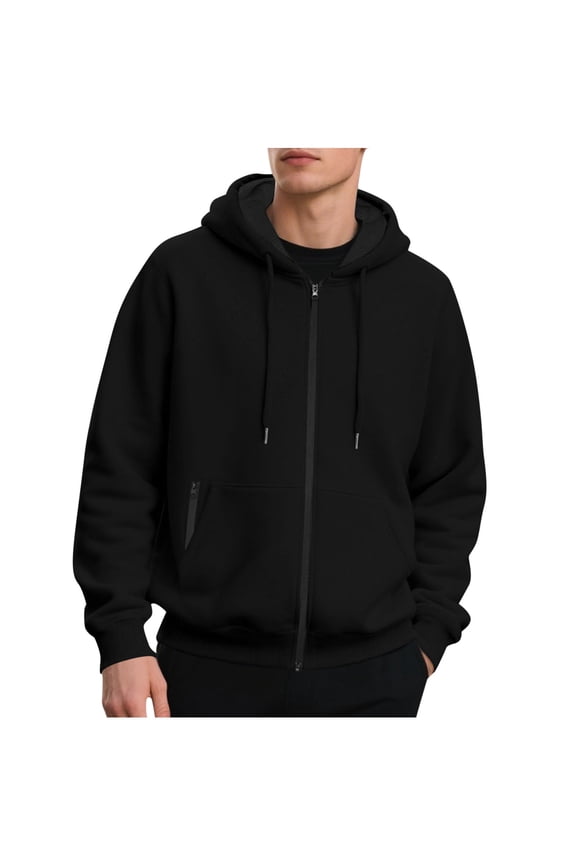 Mens Full-Zip Hoodies with Drawstrings Side Zipper Pockets Lining Fleece Casual Comfy Hooded Sweatshirt Jacket for Daily Wear Black L