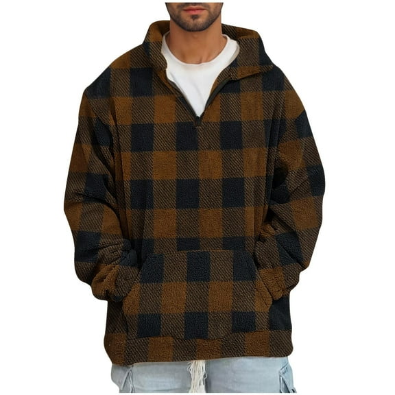 MELDVDIB Mens Fuzzy Sherpa Sweatshirts Plaid Stand Collar Long Sleeve Hoodless Sweatshirts Winter Loose Pocketed Pullover Tops