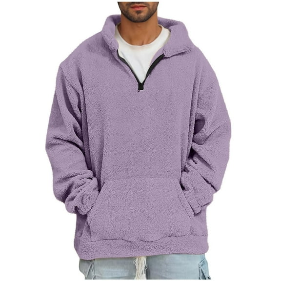 MELDVDIB Mens Fuzzy Sherpa Sweatshirts Solid Color Stand Collar Long Sleeve Hoodless Sweatshirts Winter Loose Pocketed Pullover Tops