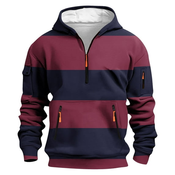 MELDVDIB Mens Half-Zip Hoodies Zipper Pocket Outdoor Sport Gym Oversized Hooded Sweatshirt Striped Color Block Long Sleeve Pullover Tops Wine M