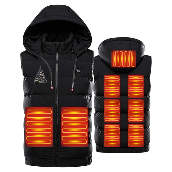 MELDVDIB Mens Heated Puffer Vest USB-Powered Electrical Heating Hooded Puffer Jackets with 9 Adjustable Heating Areas Christmas Print Warm Outdoor Winter Wear