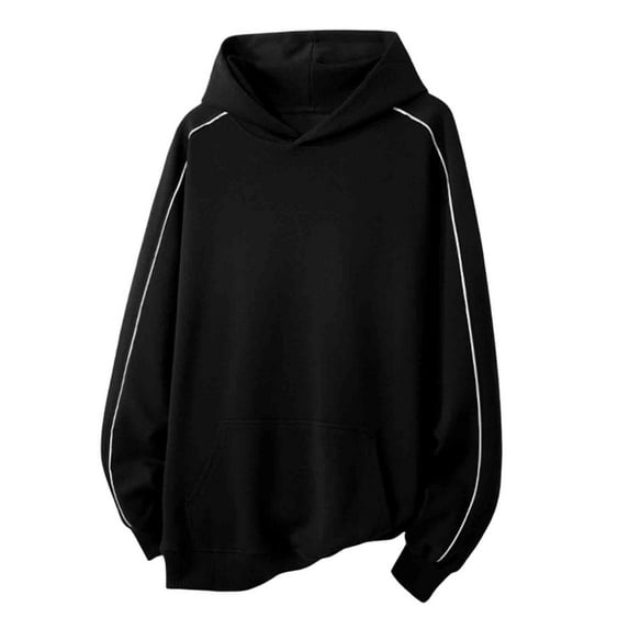 MELDVDIB Mens Hoodies Fashion Casual Solid Color Loose Pullover Hooded Sweatshirt Arm Piping Front Pocket Long Sleeve for Daily Wear Black 2XL