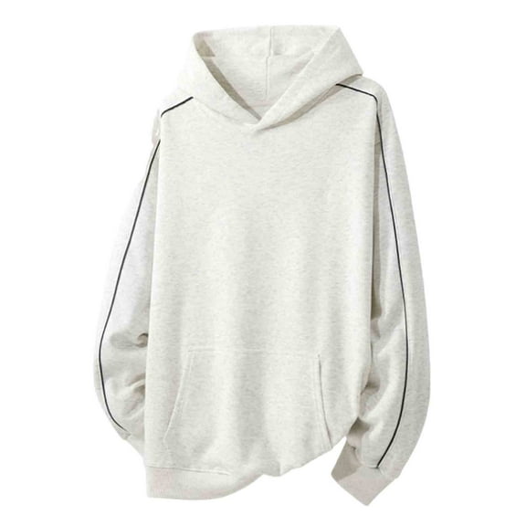 MELDVDIB Mens Hoodies Fashion Casual Solid Color Loose Pullover Hooded Sweatshirt Arm Piping Front Pocket Long Sleeve for Daily Wear Gray L