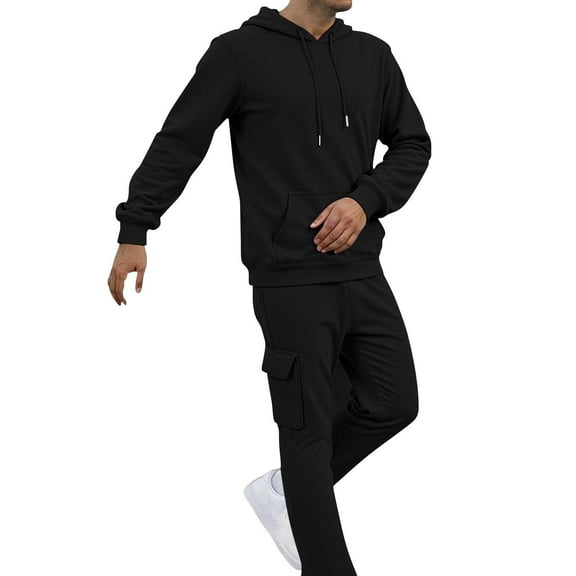 MELDVDIB Mens Hoodies and Cargo Sweatpants Set Solid Color Long Sleeve Hooded Sweatshirt with Multi Pocket Sweatpants Casual Tracksuit for Daily Wear