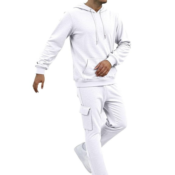 MELDVDIB Mens Hoodies and Cargo Sweatpants Set Solid Color Long Sleeve Hooded Sweatshirt with Multi Pocket Sweatpants Casual Tracksuit for Daily Wear