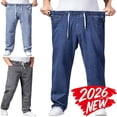 thumbnail image 1 of MELDVDIB Mens Jeans Pant Baggy Drawstring Elastic Waisted Wide Leg Pants Casual Solid Color Stretch Comfy Lounge Trousers with Pockets Light Blue L, 1 of 6