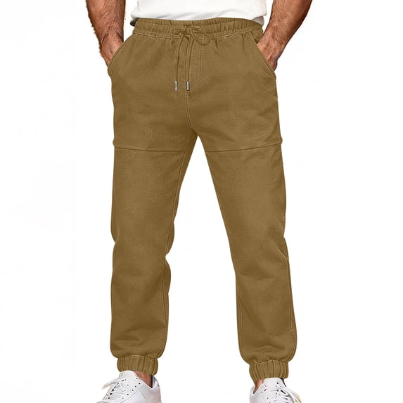 MELDVDIB Mens Jeans Pants Hiking Solid Color Elastic Tapered Leg Pants Drawstring Waisted Travel Pants with Pockets
