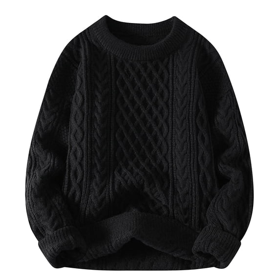 MELDVDIB Mens Knit Jacquard Sweater Solid Color Oversized Crewneck Pullover Tops Stretch Comfy Warm Long Sleeve Lounge Outfit Black M