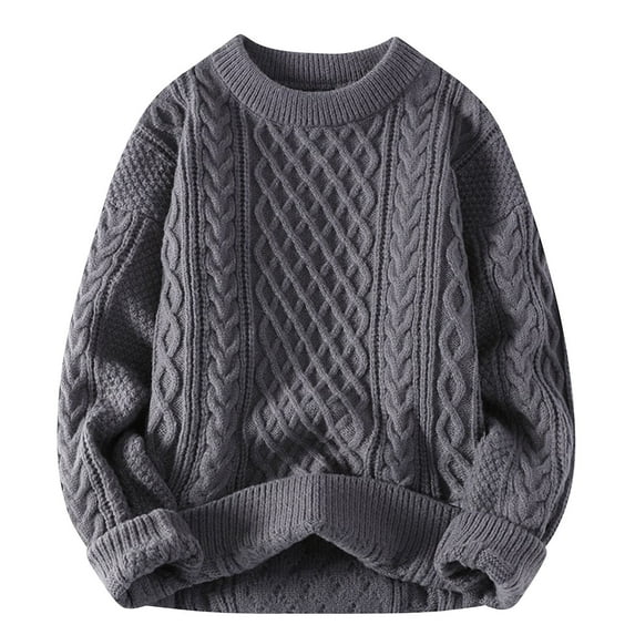 MELDVDIB Mens Knit Jacquard Sweater Solid Color Oversized Crewneck Pullover Tops Stretch Comfy Warm Long Sleeve Lounge Outfit Gray L