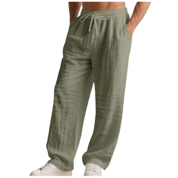 MELDVDIB Mens Linen Pants Baggy Drawstring Waist Wide Leg Pants Fashion Casual Solid Color Lounge Trousers with Pockets Army Green M
