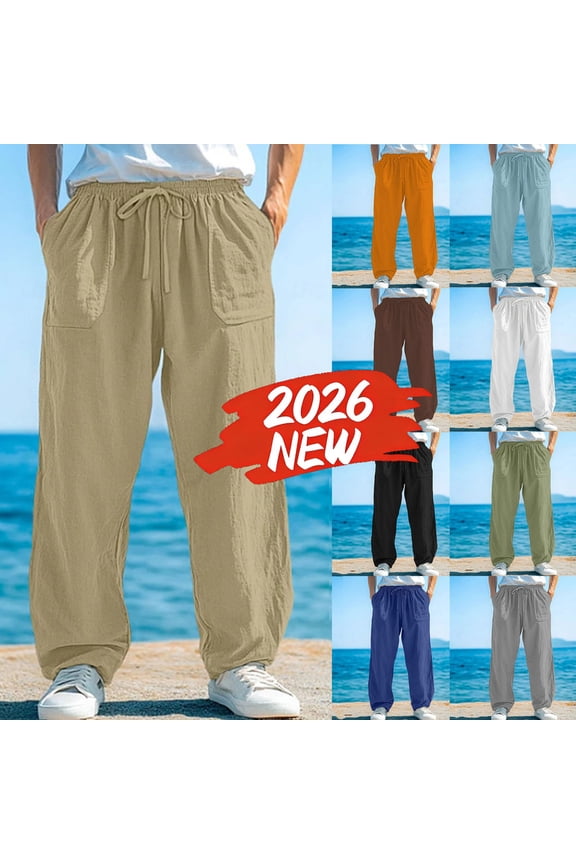 Mens Linen Pants Baggy Drawstring Waist Wide Leg Pants Summer Beach Vacation Lounge Trousers