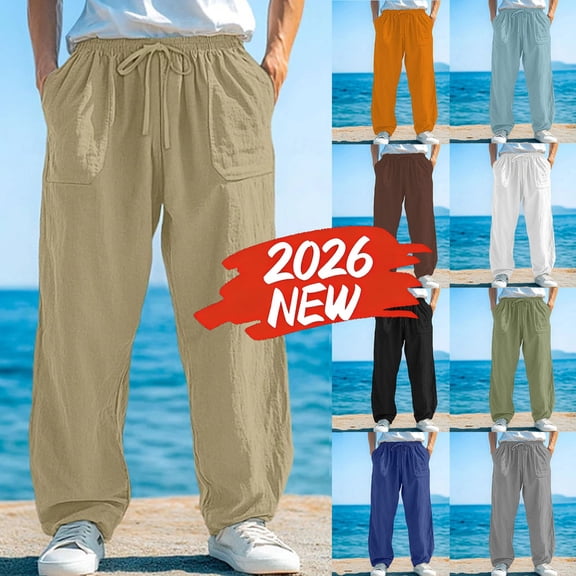 MELDVDIB Mens Linen Pants Baggy Drawstring Waist Wide Leg Pants Summer Beach Vacation Lounge Trousers