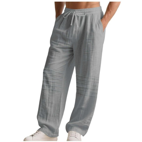 MELDVDIB Mens Linen Pants Baggy Drawstring Waist Wide Leg Pants Fashion Casual Solid Color Lounge Trousers with Pockets Gray L