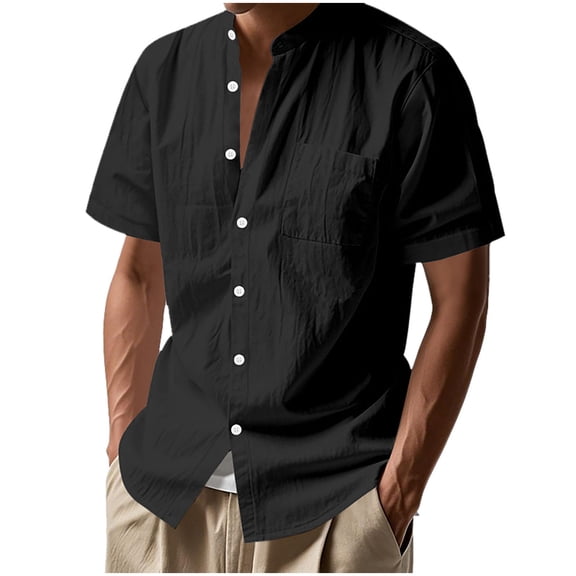 MELDVDIB Mens Linen Shirts Collarless Short Sleeve Button Down Lightweight Dress Shirtss with Pockets Beach Summer Shirt Holiday Tops