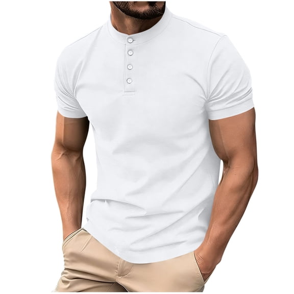 MELDVDIB Mens Linen T-Shirt Half-Button Crewneck Solid Color Short Sleeve Summer Tops Sport Gym Light Weight Stretch Comfy Breathable Pullover Tees