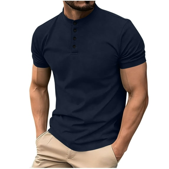 MELDVDIB Mens Linen T-Shirt Half-Button Crewneck Solid Color Short Sleeve Summer Tops Sport Gym Light Weight Stretch Comfy Breathable Pullover Tees