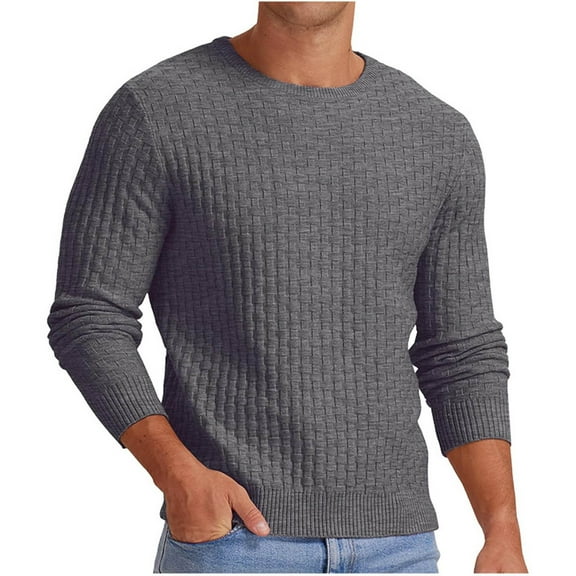 MELDVDIB Mens Plaid Jacquard Knit Sweater Solid Color Oversized Crewneck Pullover Tops Fall Winter Long Sleeve Lounge Outfit Dark Gray S
