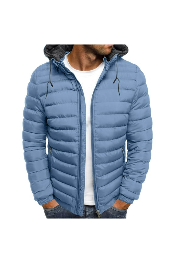 Mens Puffer Coat Zip-Up Solid Color Fleece Hooded Jacket Winter Long Sleeve Light Weight Lounge Outwear Tops with Pockets
