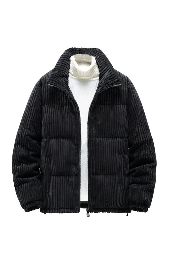 Mens Quilted Coat Zip-Up Corduroy Fashion Causal Stand Collar Checkered Jacket Winter Long Sleeve Lounge Outwear Tops with Pocket