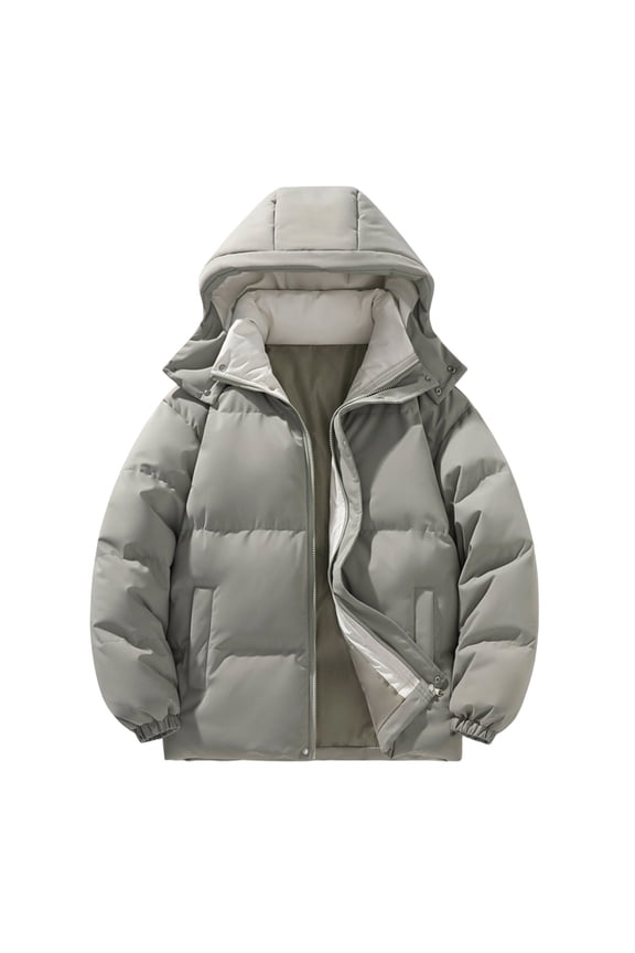 Mens Quilted Jacket Zip-Up Winter Long Sleeve Solid Color Hooded Coat Puffer Warm Padded Travel Outwear Tops with Pocket