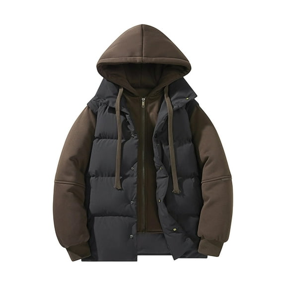 MELDVDIB Mens Quilted Puffer Coat Zip-Up Fake Two-Piece Hooded Jacket Winter Long Sleeve Thickened Outwear Tops with Pockets