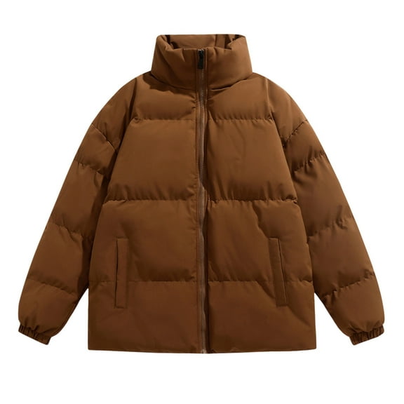 MELDVDIB Mens Quilted Puffer Jacket Zip-Up Thickened Winter Long Sleeve Stand Collar Coat Solid Color Warm Padded Outwear Tops with Pocket