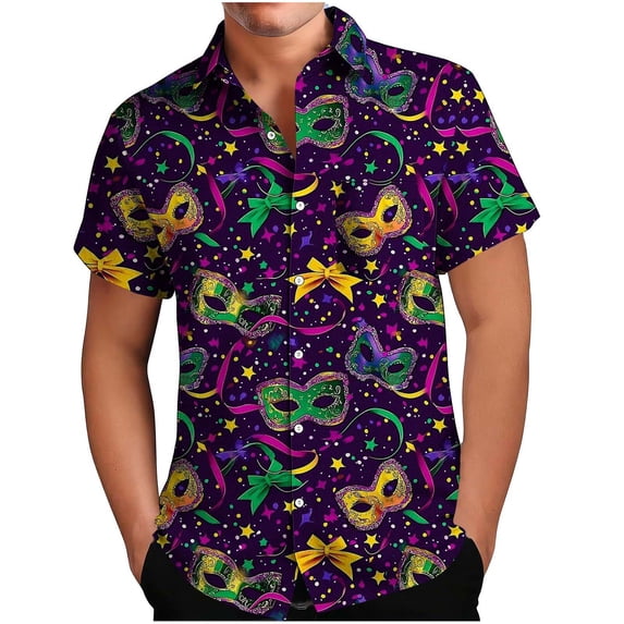 MELDVDIB Mens Shirts Carnival Printed Loose Summer Tops Button-Up Turn-Down Collar Short Sleeve Beach Shirts with Pocket