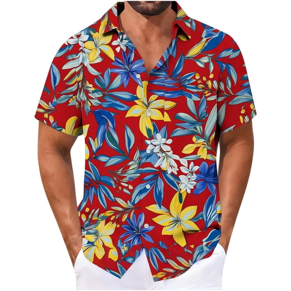 MELDVDIB Mens Summer Vacation Shirts Button-Up Turn-Down Collar Short Sleeve Tops Tropical Printed Loose Holiday Beach Shirts with Pocket