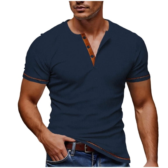 MELDVDIB Mens T-Shirt Button-Up Crew Neck Short Sleeve Shirts Basic Summer Tops Solid Color Textured Stretch Comfy Tees