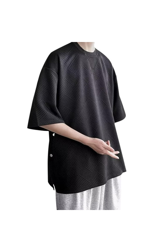 Mens T-Shirts Side Split Crew Neck Short Sleeve Textured Loose Pullover Tees Tops Summer Shirt Breathable Trendy Dailywear