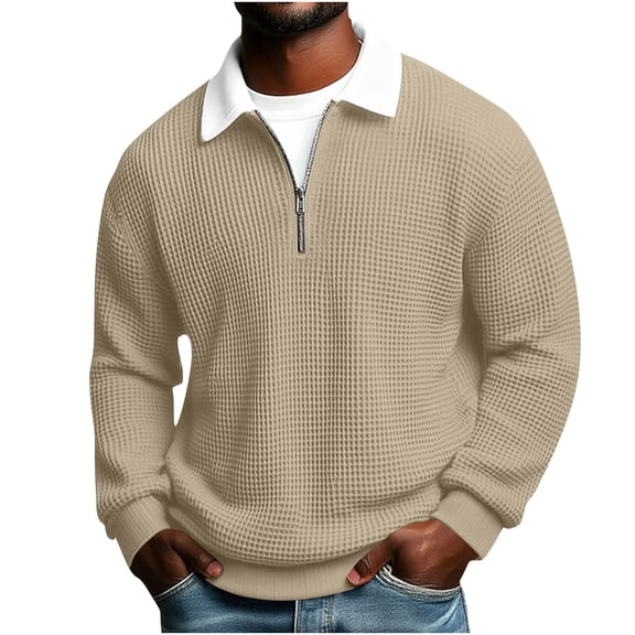 MELDVDIB Mens Textured Knit T-Shirts Half-Zip Lapel Solid Color Drop Shoulder Oversized Long Sleeve Shirts Spring Fall Fashion Casual Light Weight Pullover Tops