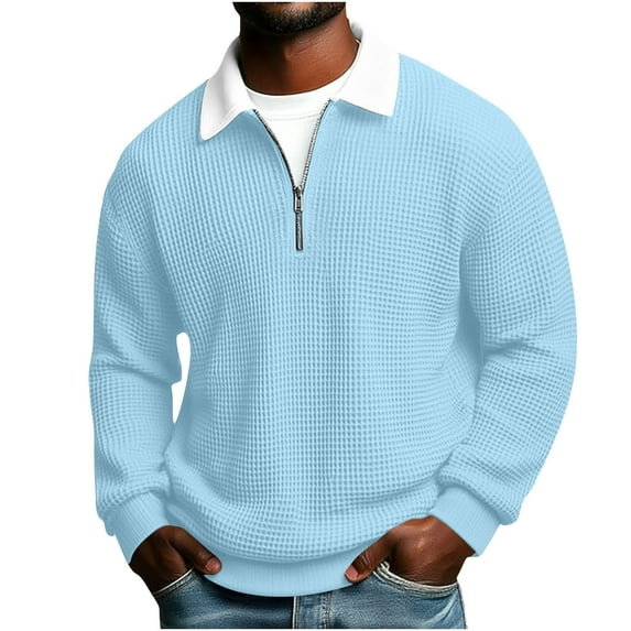 MELDVDIB Mens Textured Knit T-Shirts Half-Zip Lapel Solid Color Drop Shoulder Oversized Long Sleeve Shirts Spring Fall Fashion Casual Light Weight Pullover Tops